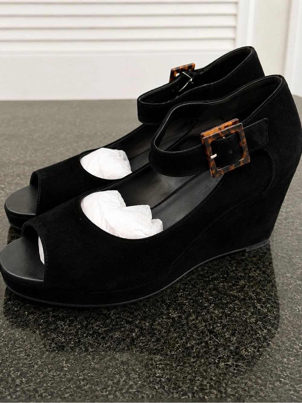 Johnston & Murphy Tricia Black Suede Ankle Strap Wedge Sandals Size 9